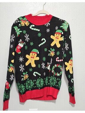 Ugly Christmas Sweater Large L Black Gingerbread Man Candy Cane Knit Holiday